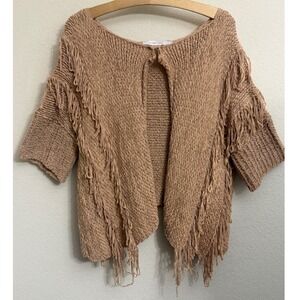Lauren Vidal Tan Open Knit Fringe Cardigan Shrug‎ Made in Italy Women's  Small